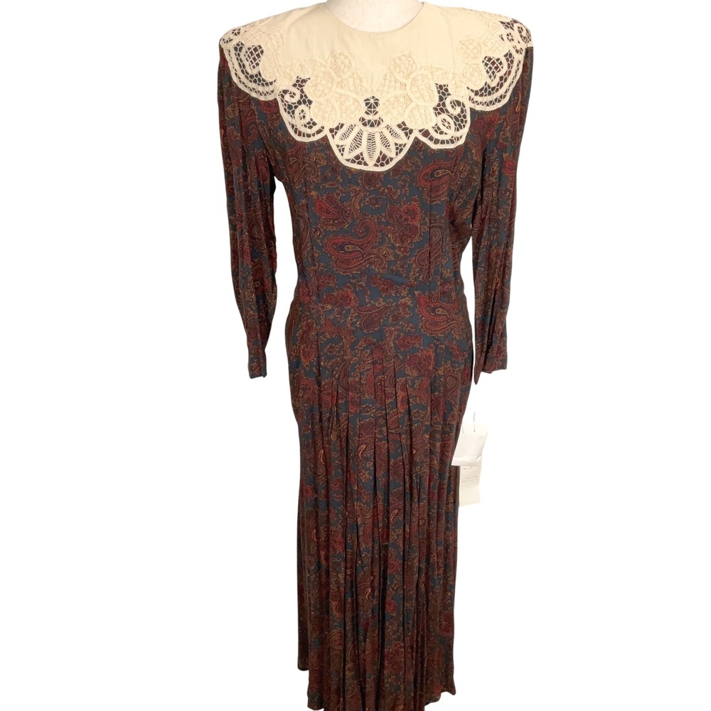 Marie‎ St. Claire Dress Women 12 Red Paisley Maxi Lace Collar Prairie Edwardian